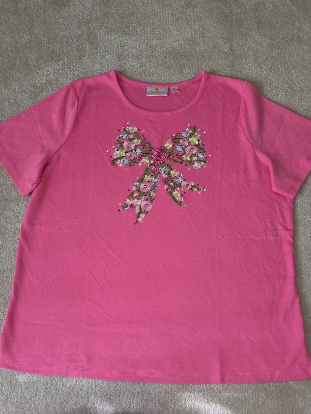 Quacker Factory Bright Pink Embroidered Floral Bow Tee